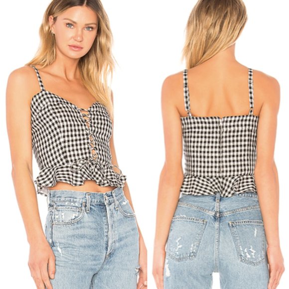 Lovers + Friends Stacey Linen Gingham Lace Up Top - Picture 1 of 6